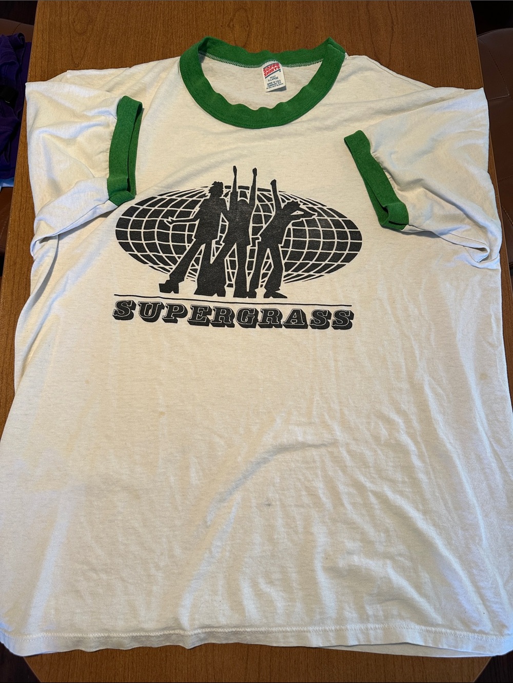Vintage xl Supergrass Band Graphic Ringer Tee in White & Green